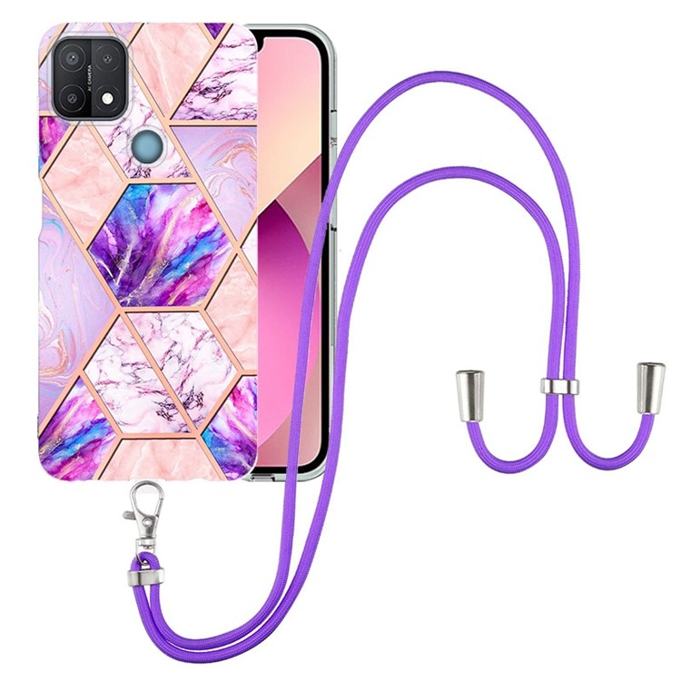 YB IMD Series-5 Flexible TPU Phone Cover for OPPO A15/A15s, Reinforced Frame Bumper Splicing IML Electroplating Marble Pattern Phone Case Accessory with Lanyard - Light Purple-1