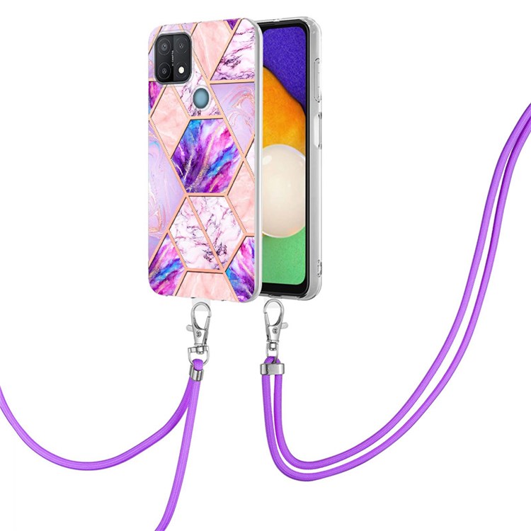 YB IMD Series-5 Flexible TPU Phone Cover for OPPO A15/A15s, Reinforced Frame Bumper Splicing IML Electroplating Marble Pattern Phone Case Accessory with Lanyard - Light Purple-2