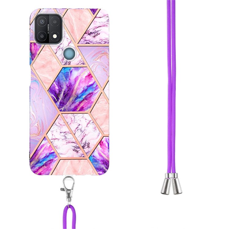 YB IMD Series-5 Flexible TPU Phone Cover for OPPO A15/A15s, Reinforced Frame Bumper Splicing IML Electroplating Marble Pattern Phone Case Accessory with Lanyard - Light Purple-3