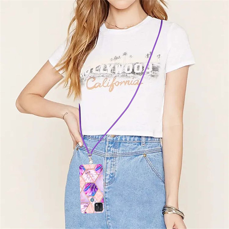 YB IMD Series-5 Flexible TPU Phone Cover for OPPO A15/A15s, Reinforced Frame Bumper Splicing IML Electroplating Marble Pattern Phone Case Accessory with Lanyard - Light Purple-4