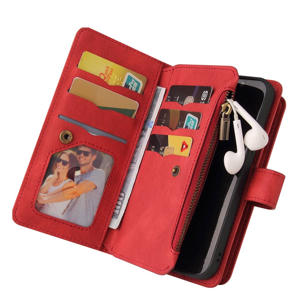 For Realme GT2 Pro KT Multi-functional Series-2 Multiple Card Slots PU Leather Stand Phone Case Zipper Pocket Wallet Protective Cover - Red-10
