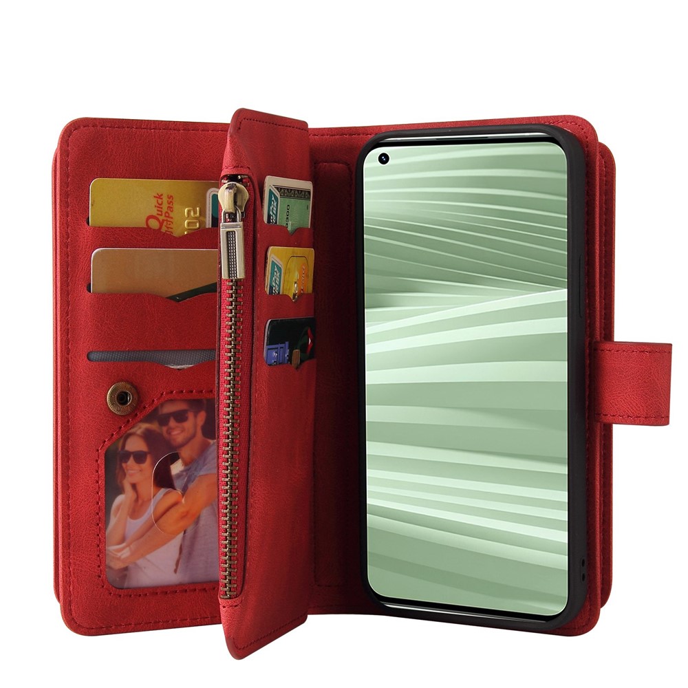 For Realme GT2 Pro KT Multi-functional Series-2 Multiple Card Slots PU Leather Stand Phone Case Zipper Pocket Wallet Protective Cover - Red-6