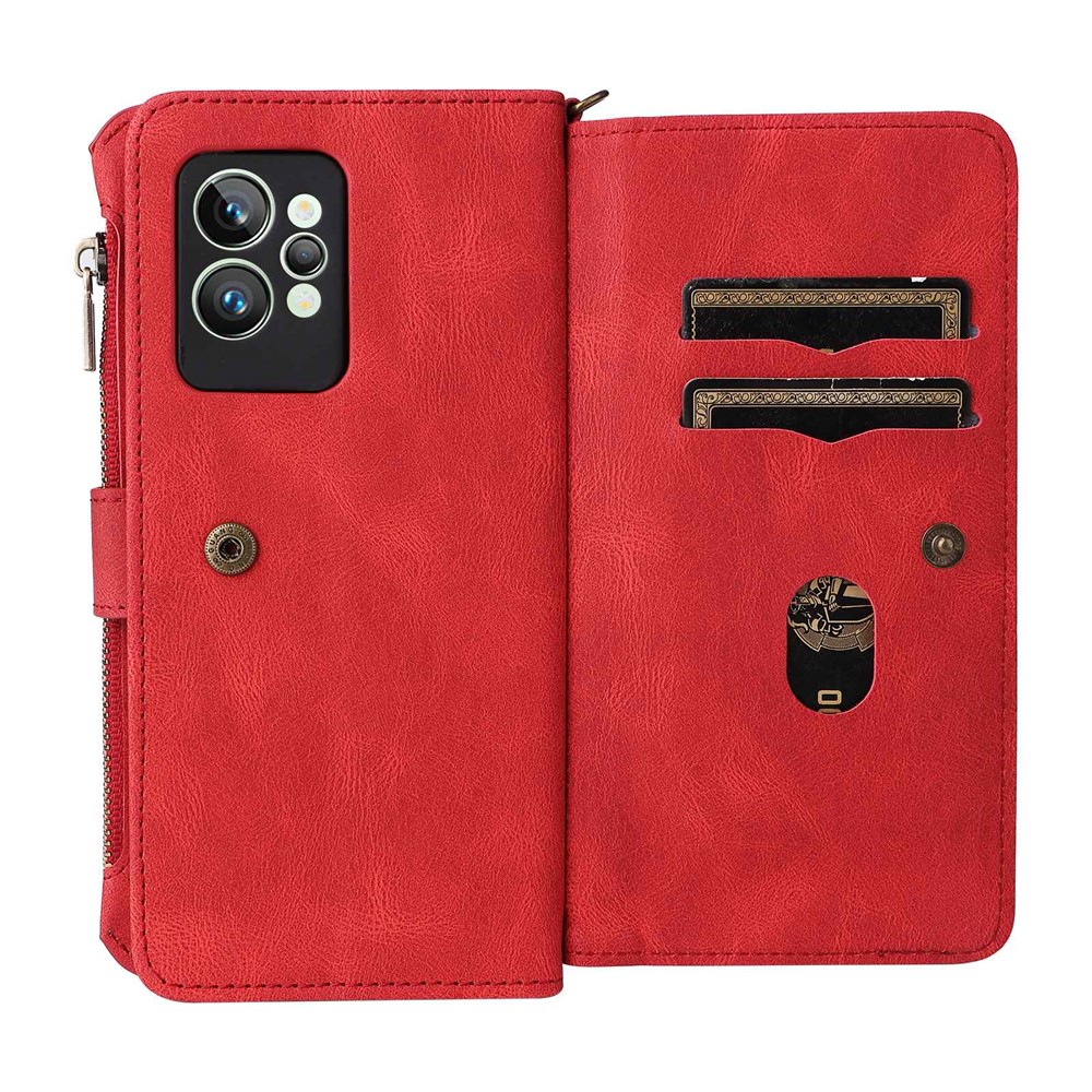 For Realme GT2 Pro KT Multi-functional Series-2 Multiple Card Slots PU Leather Stand Phone Case Zipper Pocket Wallet Protective Cover - Red-7