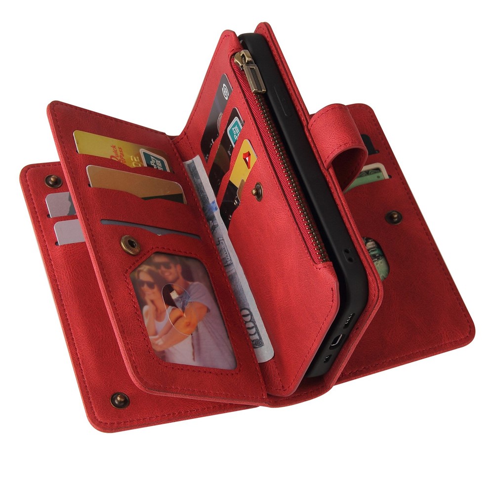 For Realme GT2 Pro KT Multi-functional Series-2 Multiple Card Slots PU Leather Stand Phone Case Zipper Pocket Wallet Protective Cover - Red-9