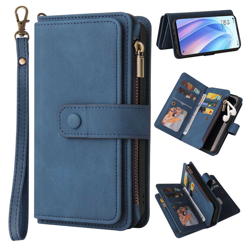 Für Oppo Reno7 5G (global)/find X5 Lite KT Multifunktionaler Serie-2 Mehrere Kartensteckplätze Telefonabdeckung PU Leder Brieftasche Reißverschluss Pocket Hülle - Blau