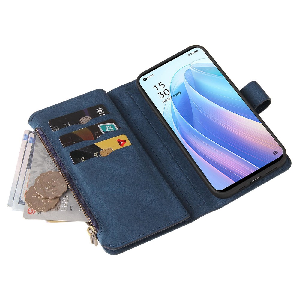 For Oppo Reno7 5G (Global)/Find X5 Lite KT Multi-functional Series-2 Multiple Card Slots Phone Cover PU Leather Wallet Zipper Pocket Case - Blue-10
