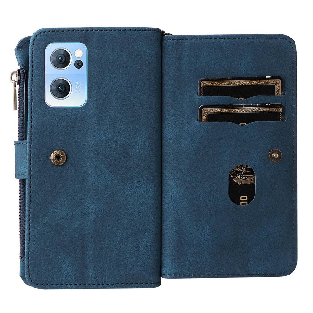 For Oppo Reno7 5G (Global)/Find X5 Lite KT Multi-functional Series-2 Multiple Card Slots Phone Cover PU Leather Wallet Zipper Pocket Case - Blue-8