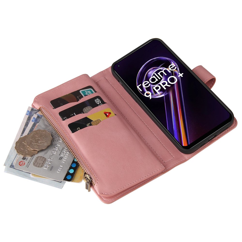 For Realme 9 Pro+ KT Multi-functional Series-2 Multiple Card Slots Drop-proof PU Leather Wallet Phone Shell with Zipper Pocket - Pink-10
