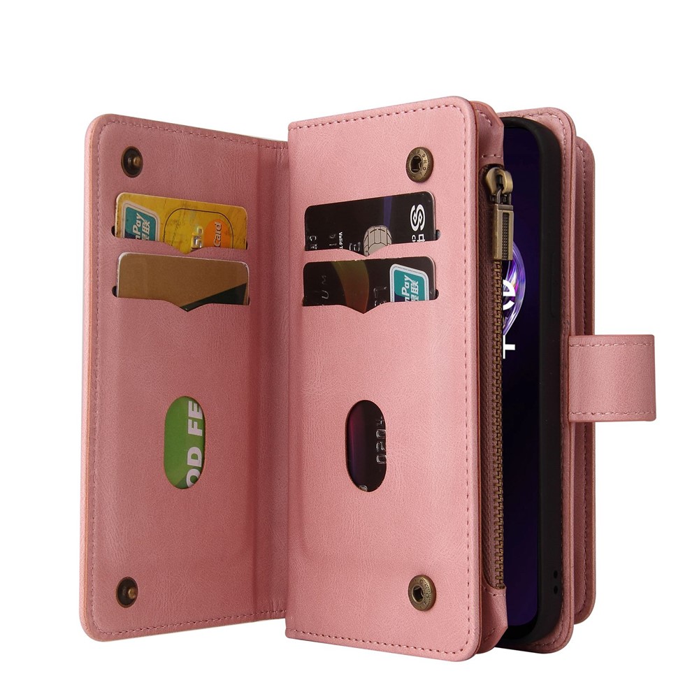 For Realme 9 Pro+ KT Multi-functional Series-2 Multiple Card Slots Drop-proof PU Leather Wallet Phone Shell with Zipper Pocket - Pink-6