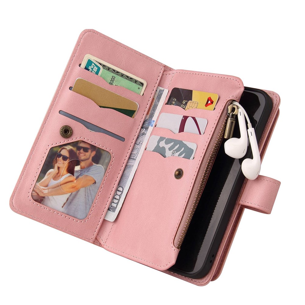 For Realme 9 Pro+ KT Multi-functional Series-2 Multiple Card Slots Drop-proof PU Leather Wallet Phone Shell with Zipper Pocket - Pink-8