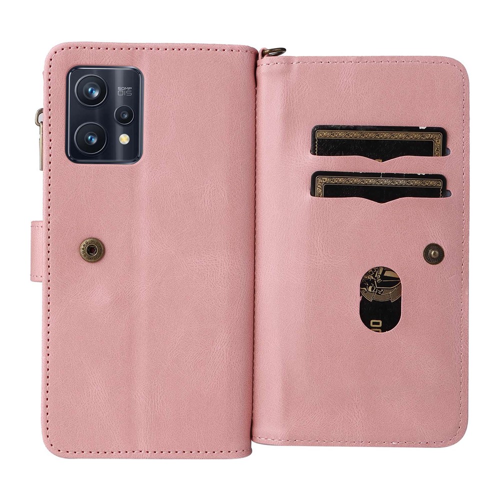 For Realme 9 Pro+ KT Multi-functional Series-2 Multiple Card Slots Drop-proof PU Leather Wallet Phone Shell with Zipper Pocket - Pink-9
