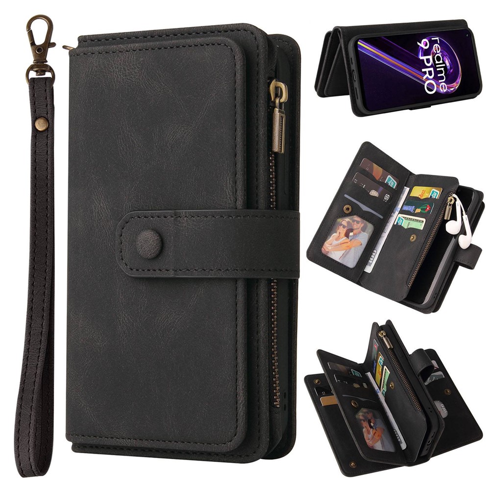 For Realme 9 Pro KT Multi-functional Series-2 Multiple Card Slots Zipper Pocket PU Leather Case Wallet Cover - Black-1
