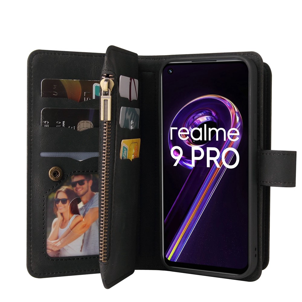 For Realme 9 Pro KT Multi-functional Series-2 Multiple Card Slots Zipper Pocket PU Leather Case Wallet Cover - Black-7