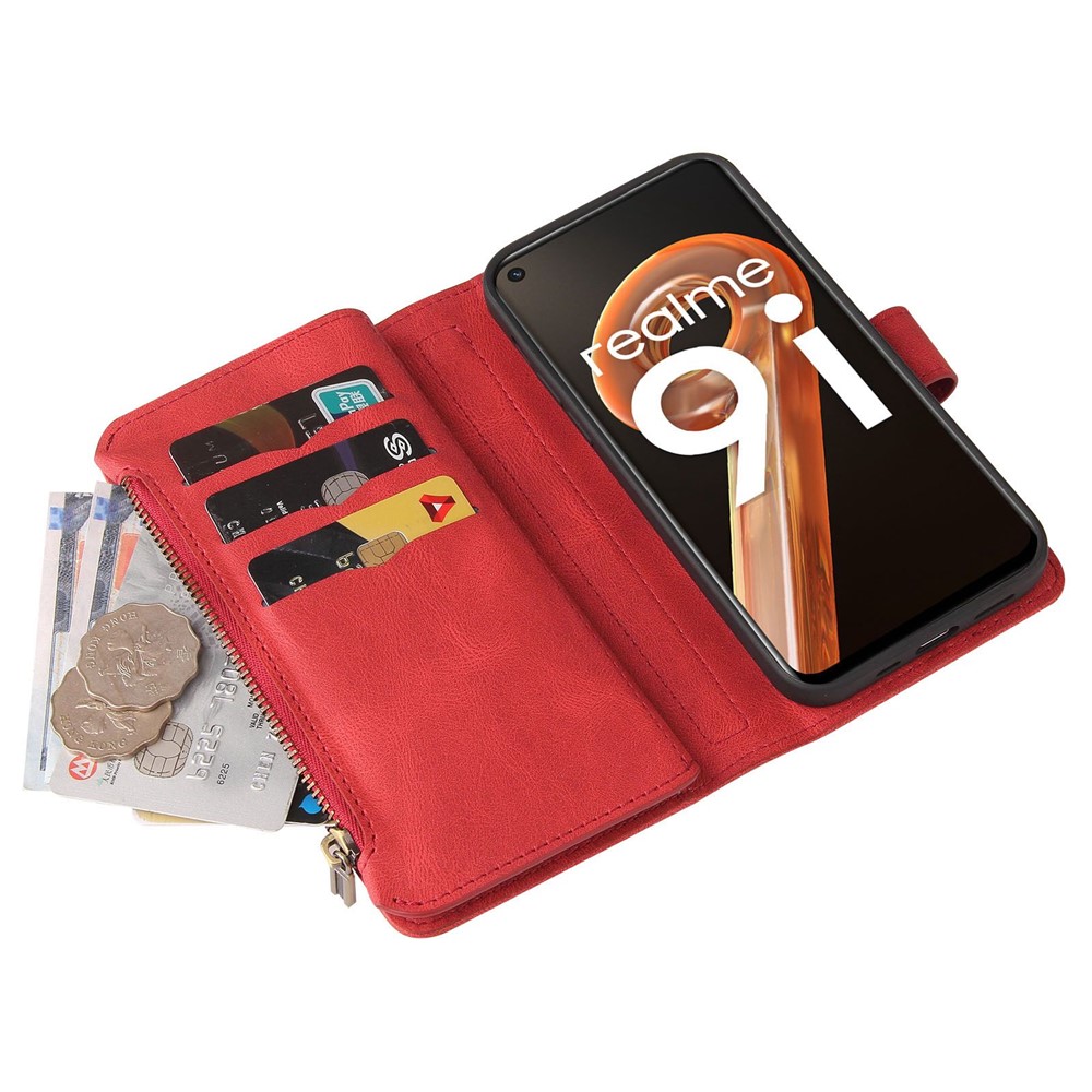 For Realme 9i/Oppo A36/A76 KT Multi-functional Series-2 Skin-touch Phone Case Multiple Card Slots PU Leather Zipper Pocket Shell with Stand Wallet - Red-10