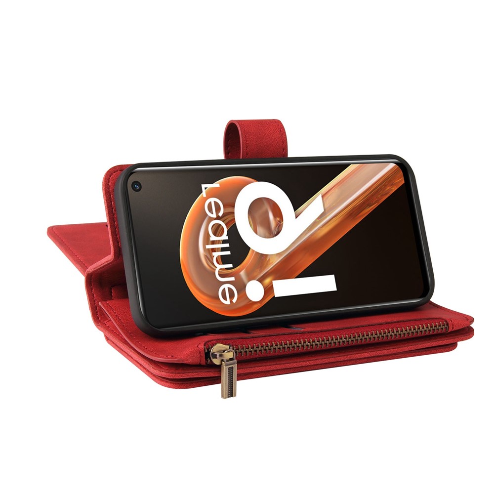 For Realme 9i/Oppo A36/A76 KT Multi-functional Series-2 Skin-touch Phone Case Multiple Card Slots PU Leather Zipper Pocket Shell with Stand Wallet - Red-4
