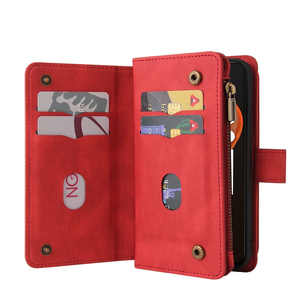 For Realme 9i/Oppo A36/A76 KT Multi-functional Series-2 Skin-touch Phone Case Multiple Card Slots PU Leather Zipper Pocket Shell with Stand Wallet - Red-6