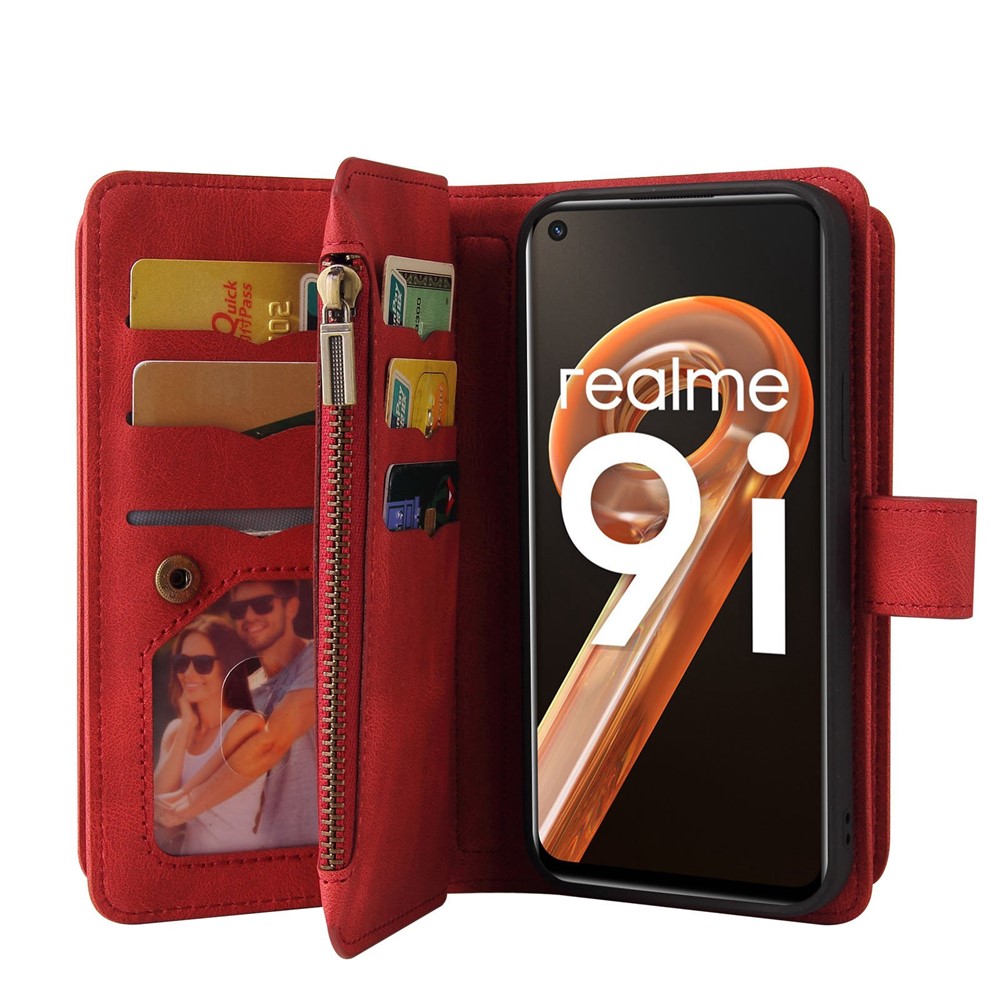 For Realme 9i/Oppo A36/A76 KT Multi-functional Series-2 Skin-touch Phone Case Multiple Card Slots PU Leather Zipper Pocket Shell with Stand Wallet - Red-7