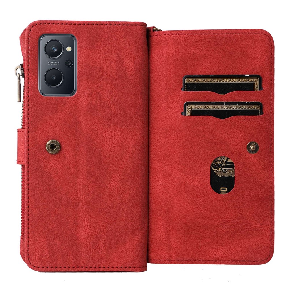 For Realme 9i/Oppo A36/A76 KT Multi-functional Series-2 Skin-touch Phone Case Multiple Card Slots PU Leather Zipper Pocket Shell with Stand Wallet - Red-8