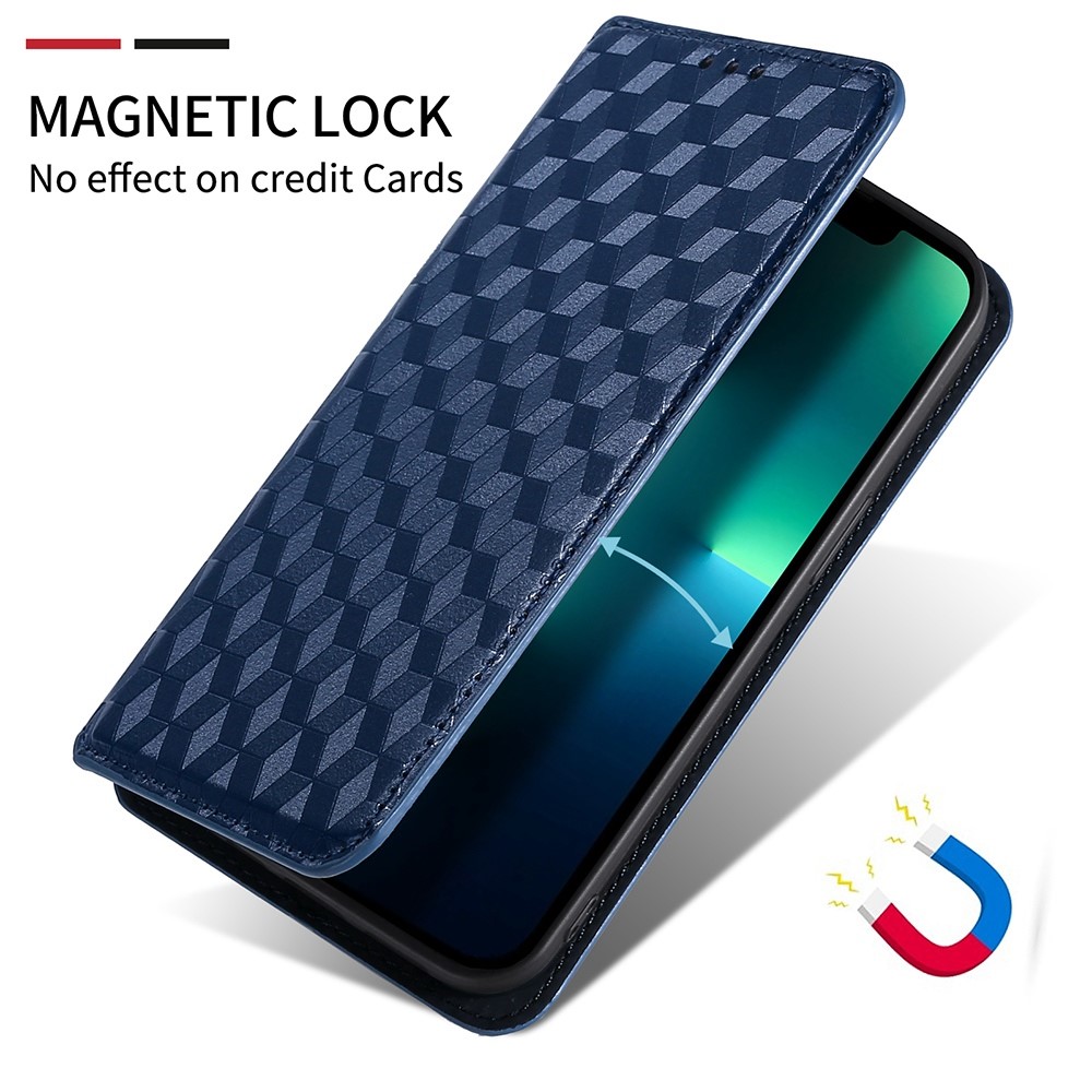 For Realme 8i PU Leather 3D Rhombus Imprinting Phone Case Magnetic Absorption Stand TPU Shockproof Interior Protective Cover - Blue-4
