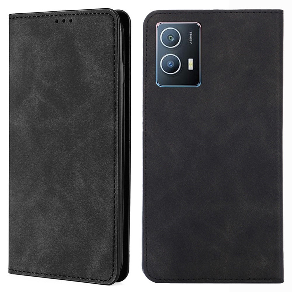For vivo iQOO U5 5G Skin-touch Feeling PU Leather Flip Folio Case Stand Card Slot Holder Hidden Magnetic Closure Shockproof Cover - Black-1