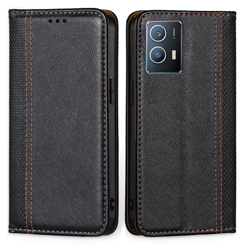 For vivo iQOO U5 5G PU Leather Plaid Pattern Phone Case Auto Closure Magnetic Shockproof Shell with Stand Card Slot - Black-1