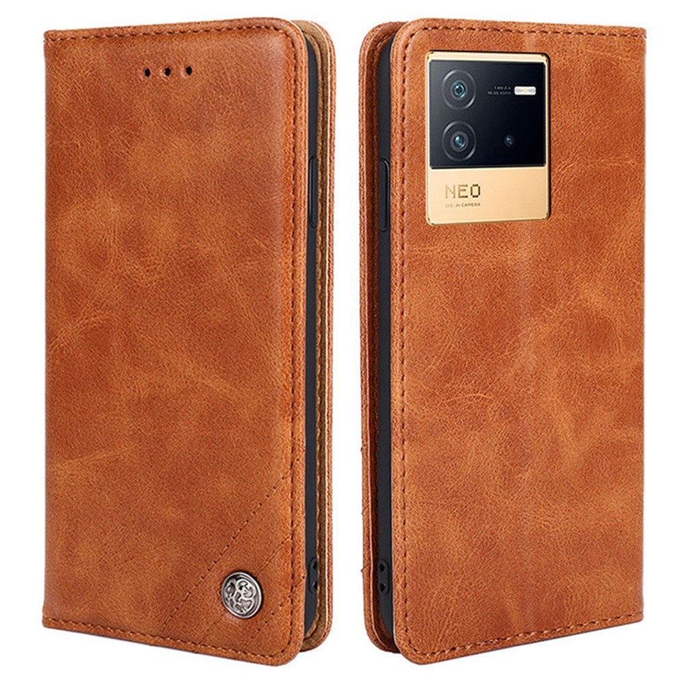 For vivo iQOO Neo6 5G Triangle Stitching Line Foldable Stand Phone Case Anti-scratch PU Leather Wallet Cover - Brown-1