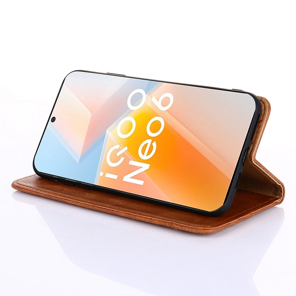For vivo iQOO Neo6 5G Triangle Stitching Line Foldable Stand Phone Case Anti-scratch PU Leather Wallet Cover - Brown-2