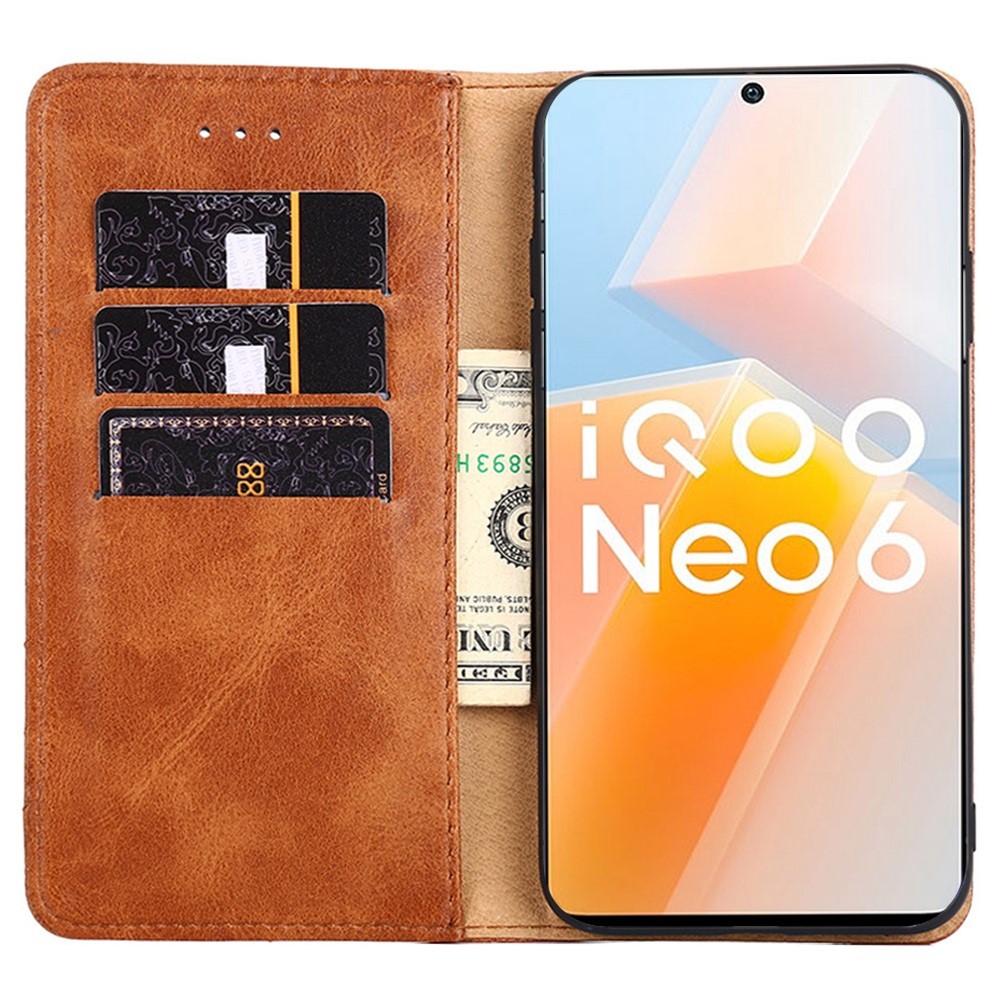For vivo iQOO Neo6 5G Triangle Stitching Line Foldable Stand Phone Case Anti-scratch PU Leather Wallet Cover - Brown-3