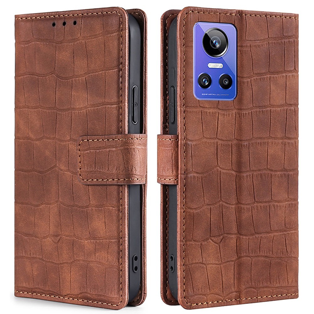 For Realme GT Neo3 Skin-touch Feeling PU Leather Wallet Case Crocodile Texture TPU Shockproof Interior Shell Stand Phone Cover - Brown-1