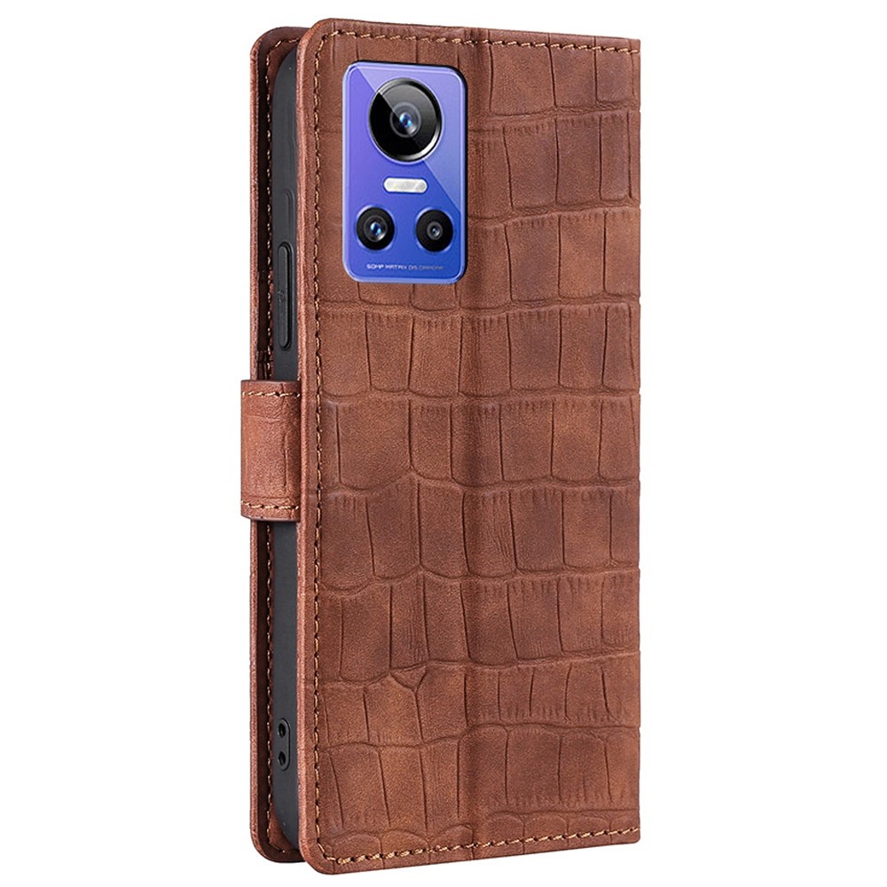 For Realme GT Neo3 Skin-touch Feeling PU Leather Wallet Case Crocodile Texture TPU Shockproof Interior Shell Stand Phone Cover - Brown-8
