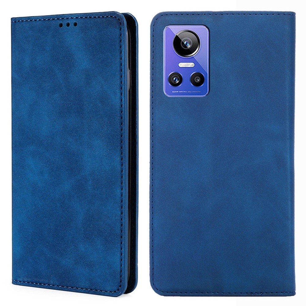 For Realme GT Neo3 PU Leather Flip Cover Card Slots Strong Magnetic Suction Stand Skin-touch Feeling Phone Case - Blue-1
