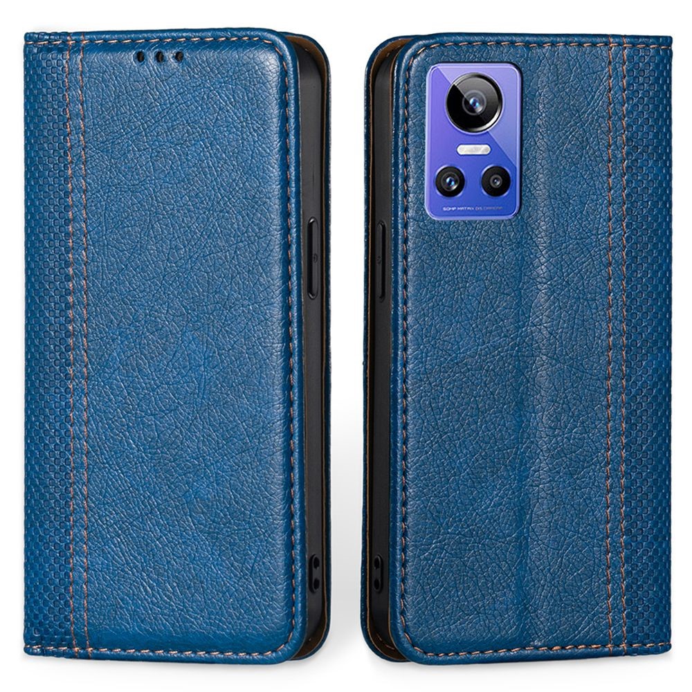 For Realme GT Neo3 Plaid Pattern Flip Folio Book Phone Case PU Leather Stand Card Slot Magnetic Auto-absorbed Shockproof Cover - Blue-1