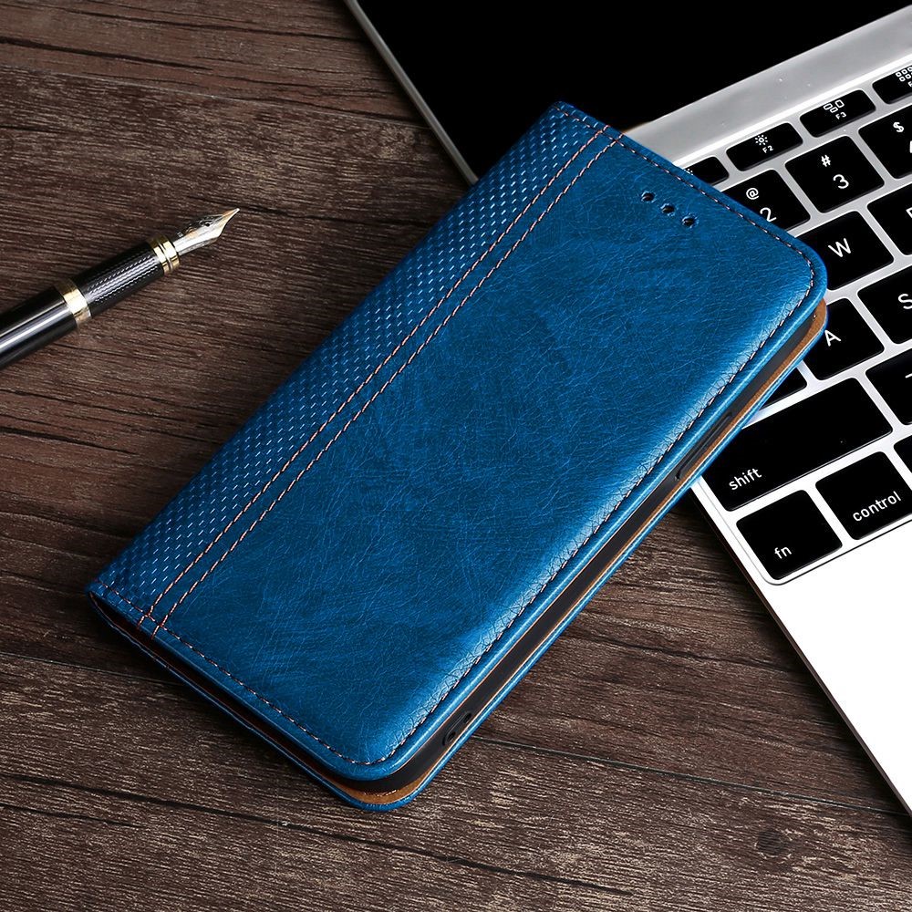 For Realme GT Neo3 Plaid Pattern Flip Folio Book Phone Case PU Leather Stand Card Slot Magnetic Auto-absorbed Shockproof Cover - Blue-6