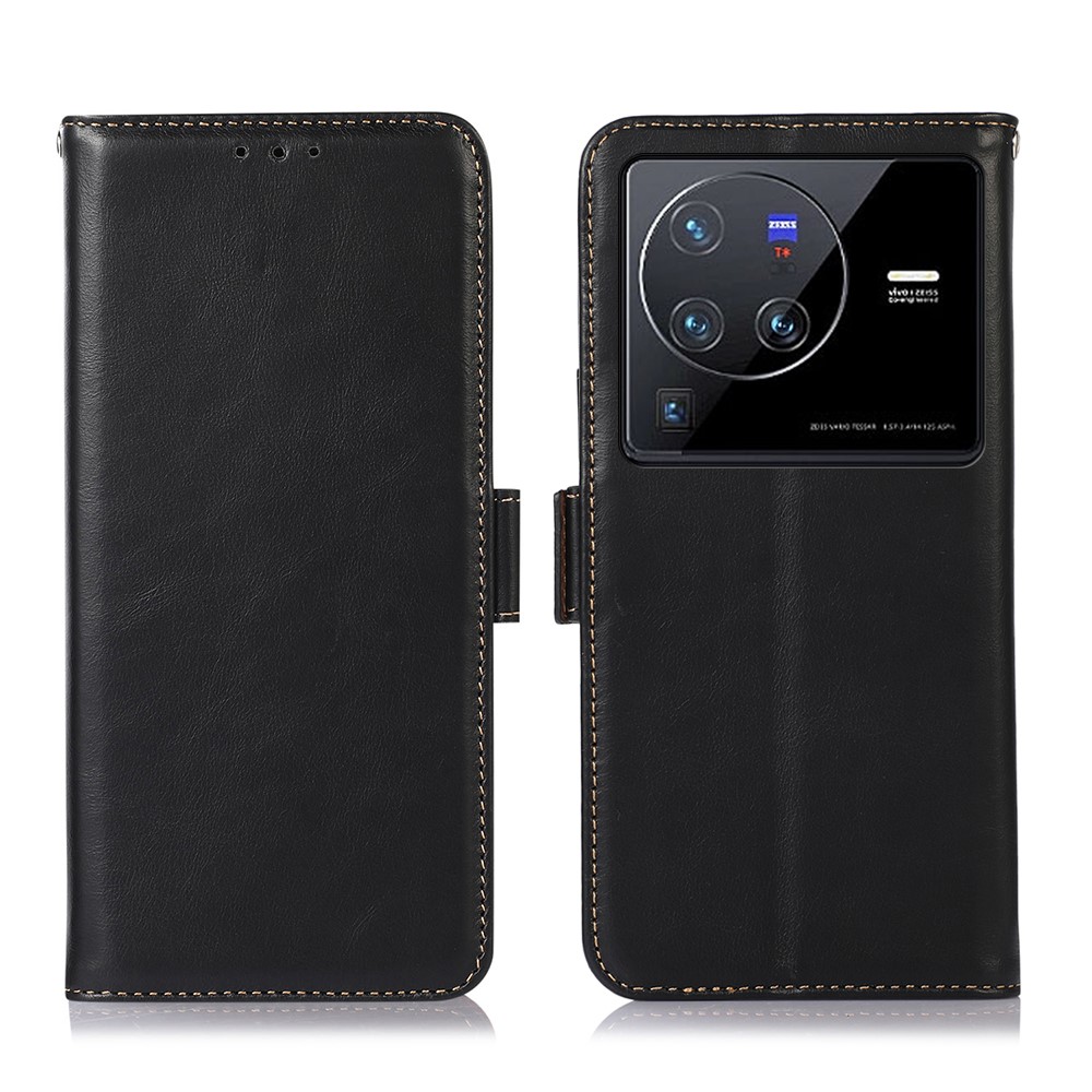 For vivo X80 Pro Crazy Horse Texture Genuine Cowhide Leather Case Wallet Stand Side Magnetic Clasp Phone Cover with RFID Blocking Function - Black-1