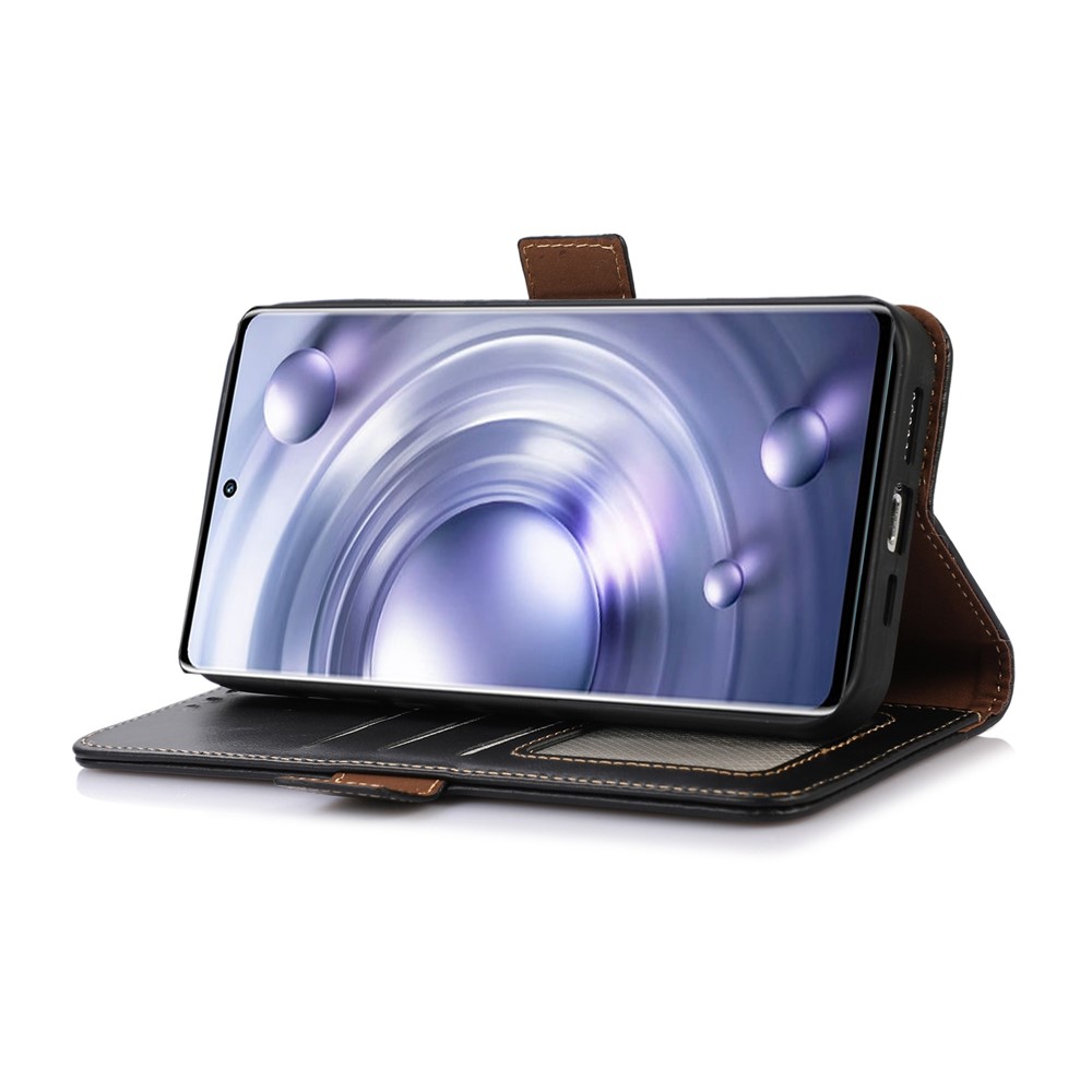 For vivo X80 Pro Crazy Horse Texture Genuine Cowhide Leather Case Wallet Stand Side Magnetic Clasp Phone Cover with RFID Blocking Function - Black-2
