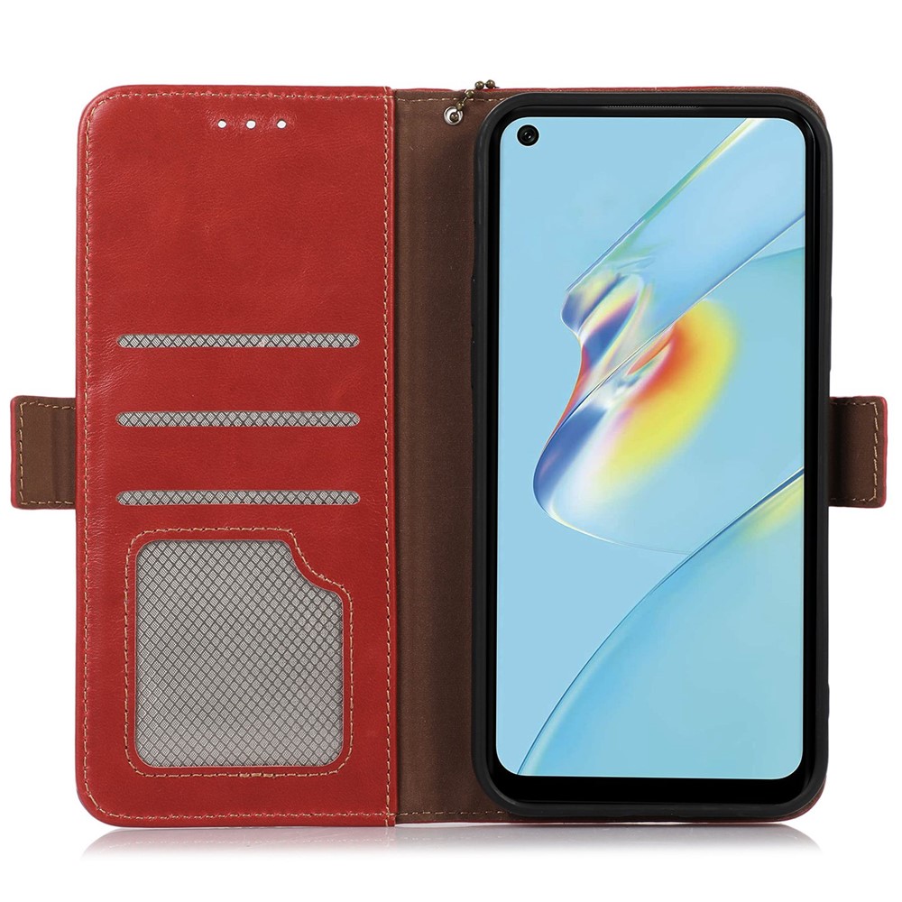 For Oppo Reno7/F21 Pro 4G Genuine Cowhide Leather All-inclusive Protection Crazy Horse Texture Case RFID Blocking Wallet Stand Anti-fall Phone Shell - Red-2