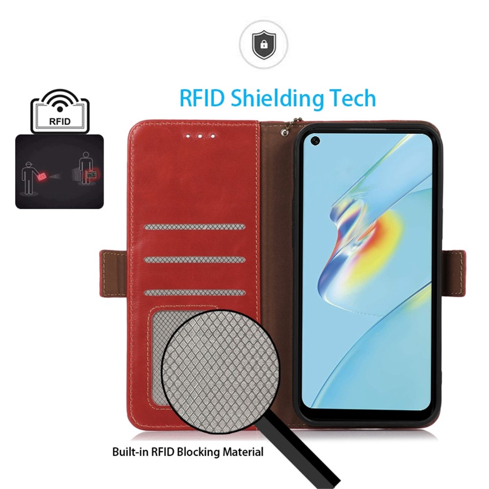 For Oppo Reno7/F21 Pro 4G Genuine Cowhide Leather All-inclusive Protection Crazy Horse Texture Case RFID Blocking Wallet Stand Anti-fall Phone Shell - Red-5