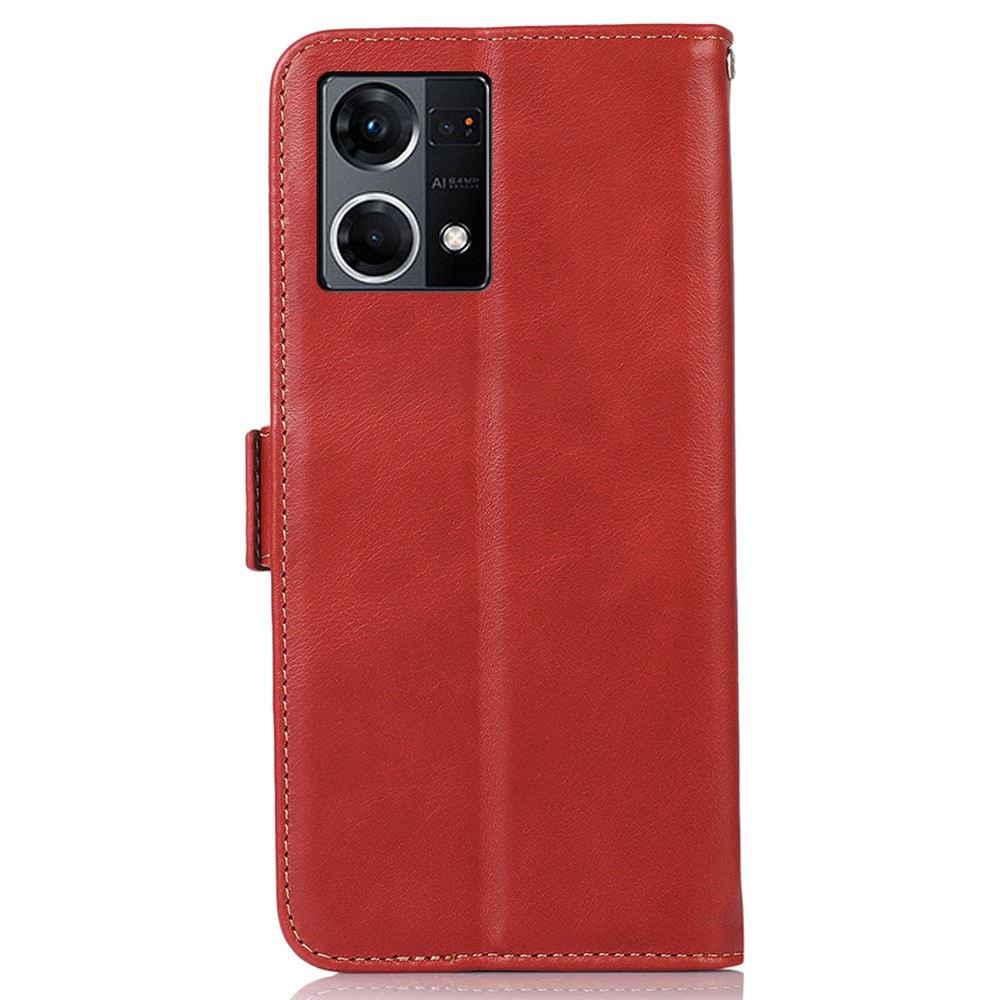 For Oppo Reno7/F21 Pro 4G Genuine Cowhide Leather All-inclusive Protection Crazy Horse Texture Case RFID Blocking Wallet Stand Anti-fall Phone Shell - Red-9
