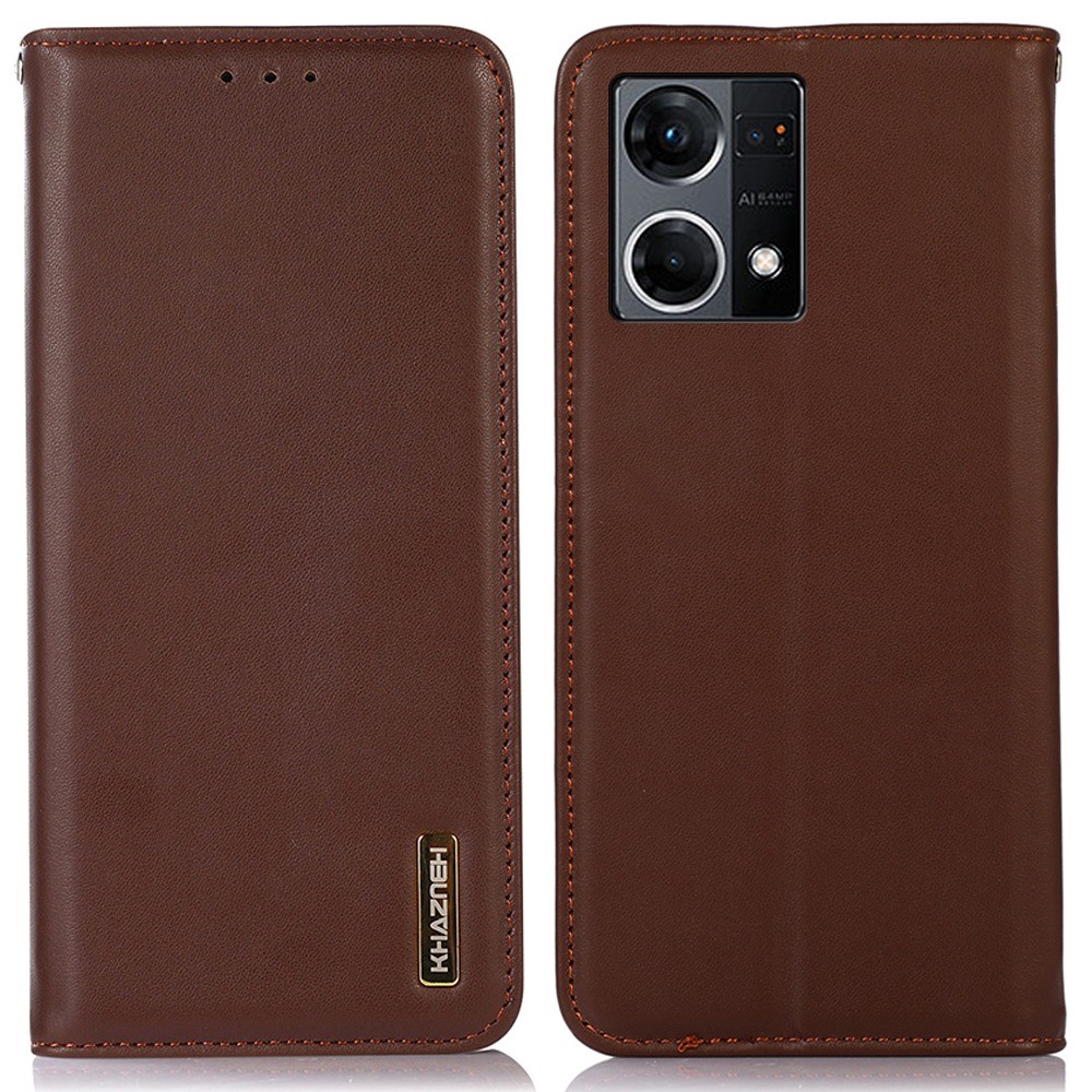 KHAZNEH for Oppo Reno7 4G/F21 Pro 4G Adjustable Stand Nappa Texture Case Genuine Cowhide Leather Wallet Magnetic Protector - Brown-1