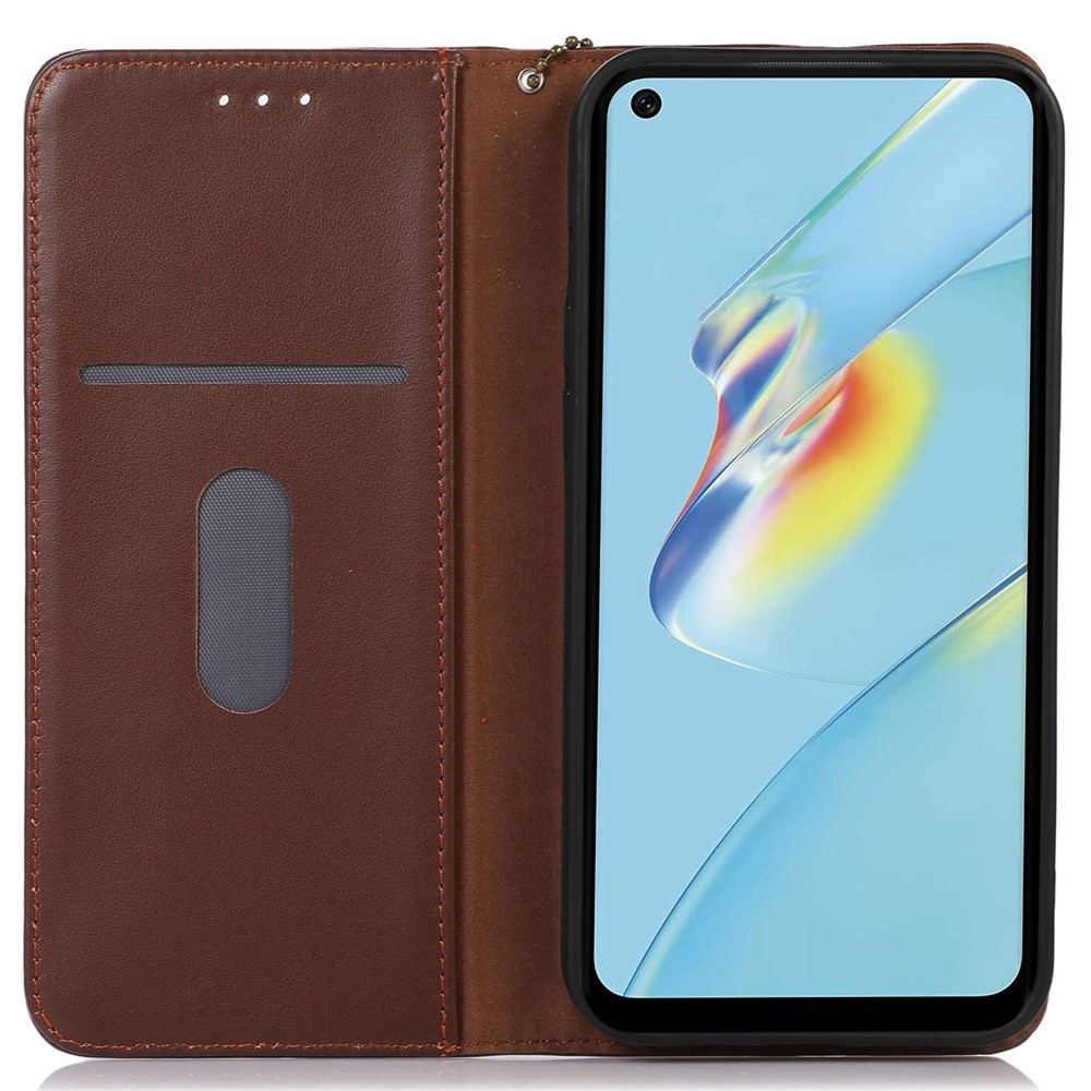 KHAZNEH for Oppo Reno7 4G/F21 Pro 4G Adjustable Stand Nappa Texture Case Genuine Cowhide Leather Wallet Magnetic Protector - Brown-2