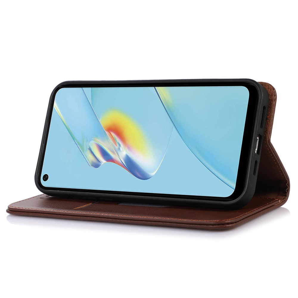 KHAZNEH for Oppo Reno7 4G/F21 Pro 4G Adjustable Stand Nappa Texture Case Genuine Cowhide Leather Wallet Magnetic Protector - Brown-3