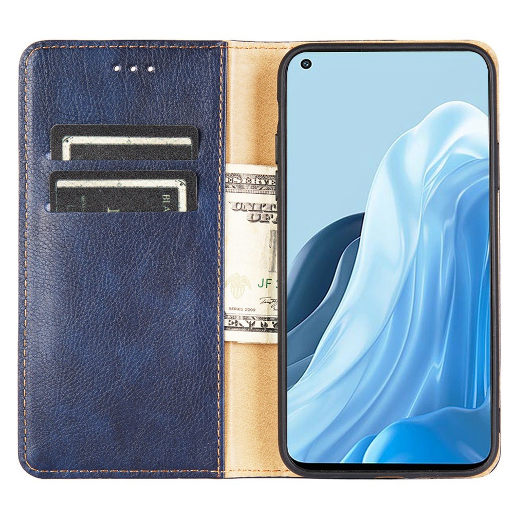 For Oppo Reno7 4G/F21 Pro 4G Wear-resistant PU Leather Wallet Case Magnetic Auto-absorbed Adjustable Stand Phone Protector - Blue-3