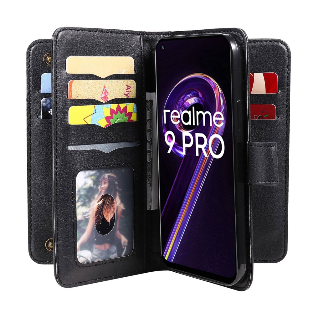 For Realme 9 Pro/V25/OnePlus Nord CE 2 Lite 5G KT Multi-functional Series-1 PU Leather Protect Folio Wallet Case 10-Slots Cards Pocket Stand Magnetic Closure Phone Cover - Black-7