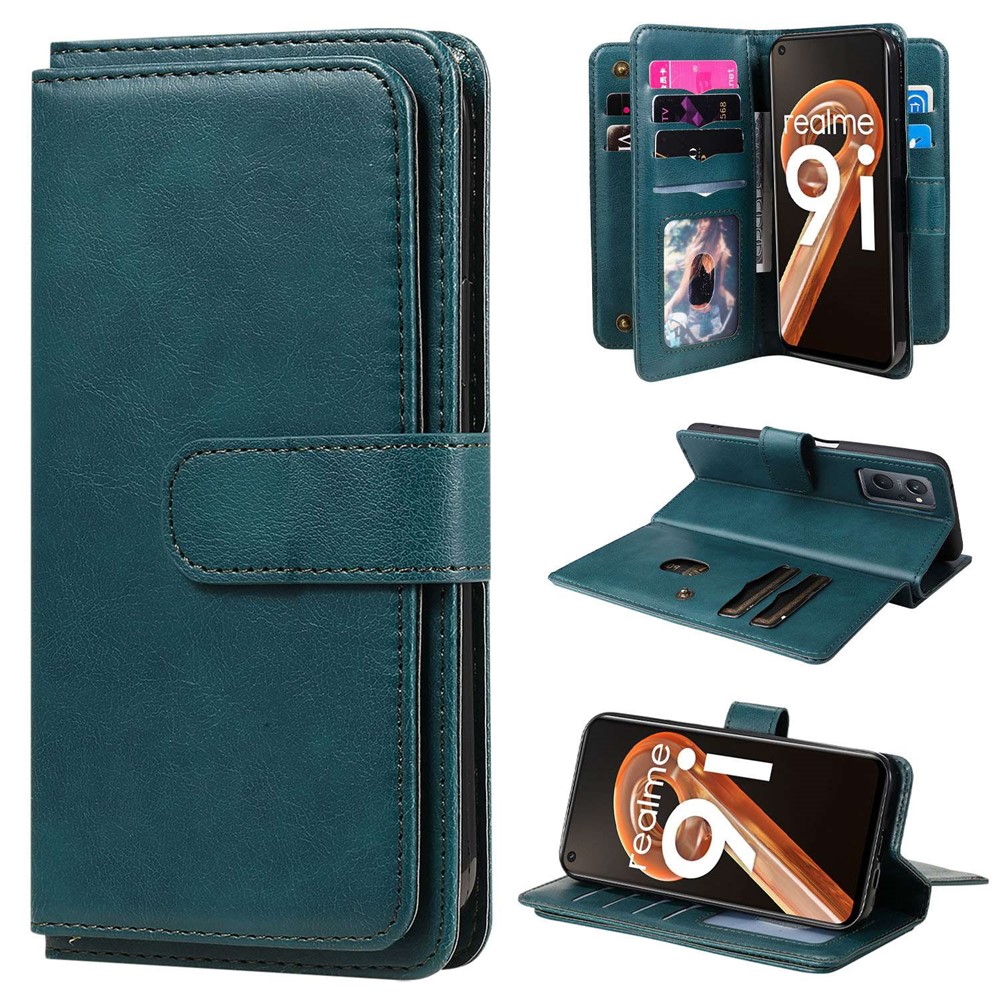 For Realme 9i/Oppo A36/A76 KT Multi-functional Series-1 10 Card Slots Magnetic Leather Wallet Phone Case Full Body Protection Stand Cover - Blackish Green-1
