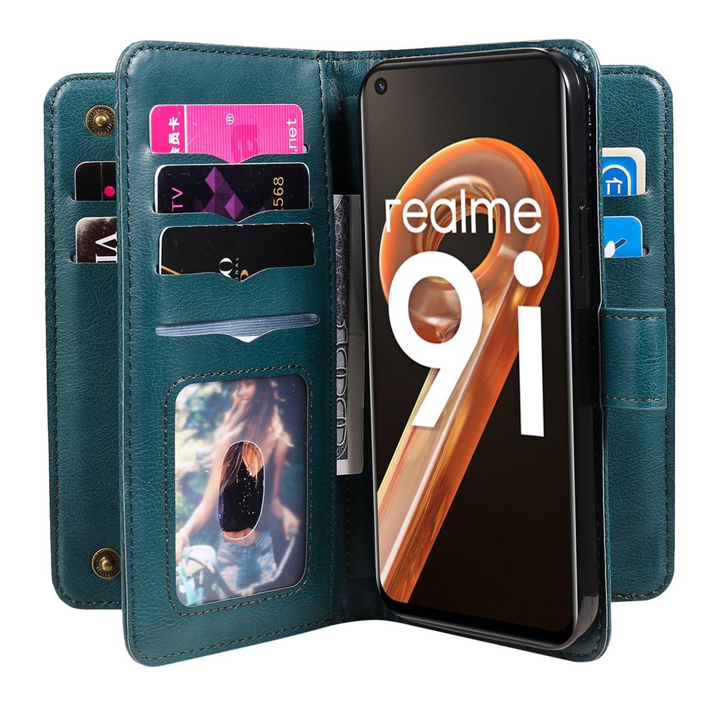 For Realme 9i/Oppo A36/A76 KT Multi-functional Series-1 10 Card Slots Magnetic Leather Wallet Phone Case Full Body Protection Stand Cover - Blackish Green-7