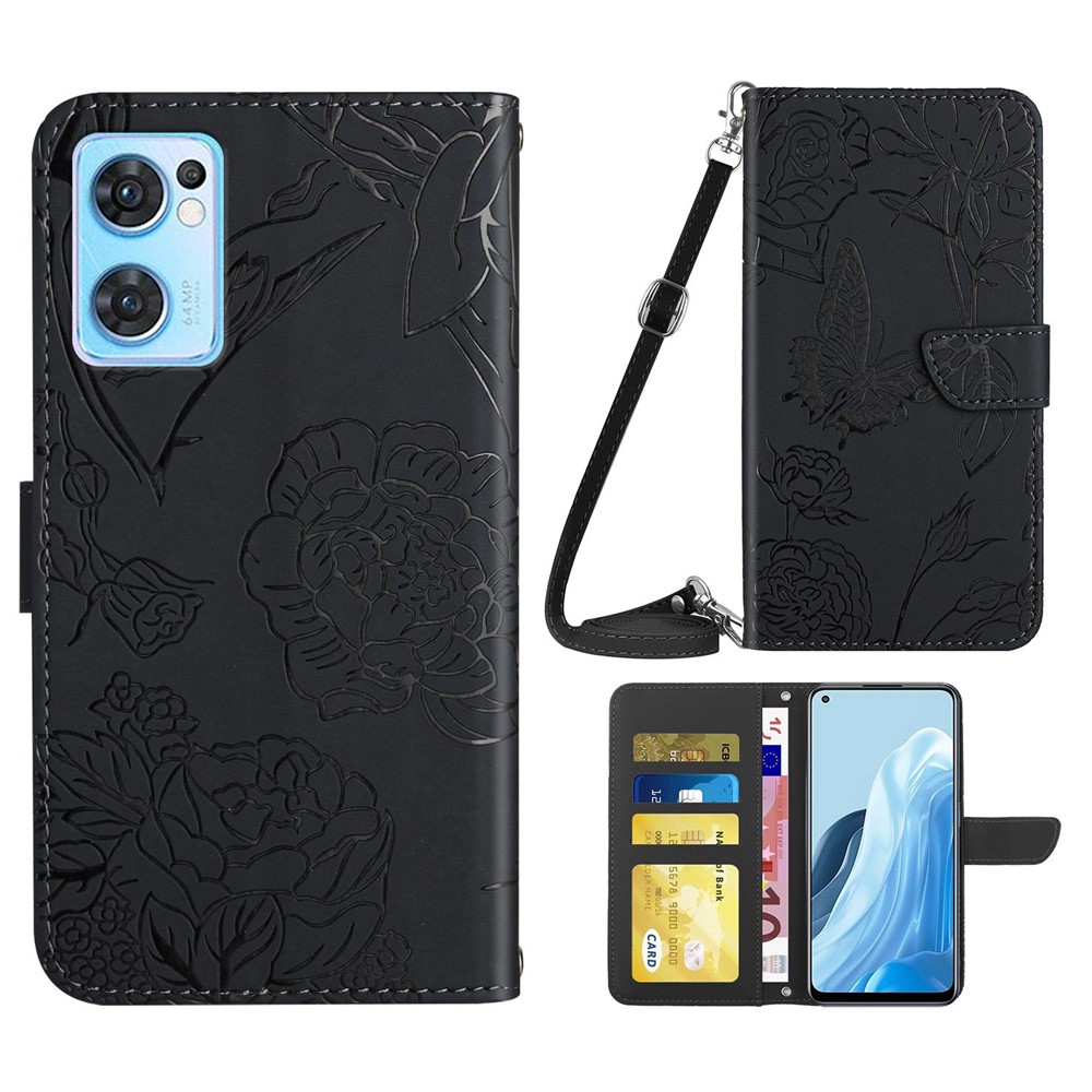 HT03 For Oppo Find X5 Lite/Reno7 5G (Global) Shockproof Drop-proof Imprinted Butterfly Flowers Case Skin Feel Leather Wallet Stand Shell with Shoulder Strap - Black-1
