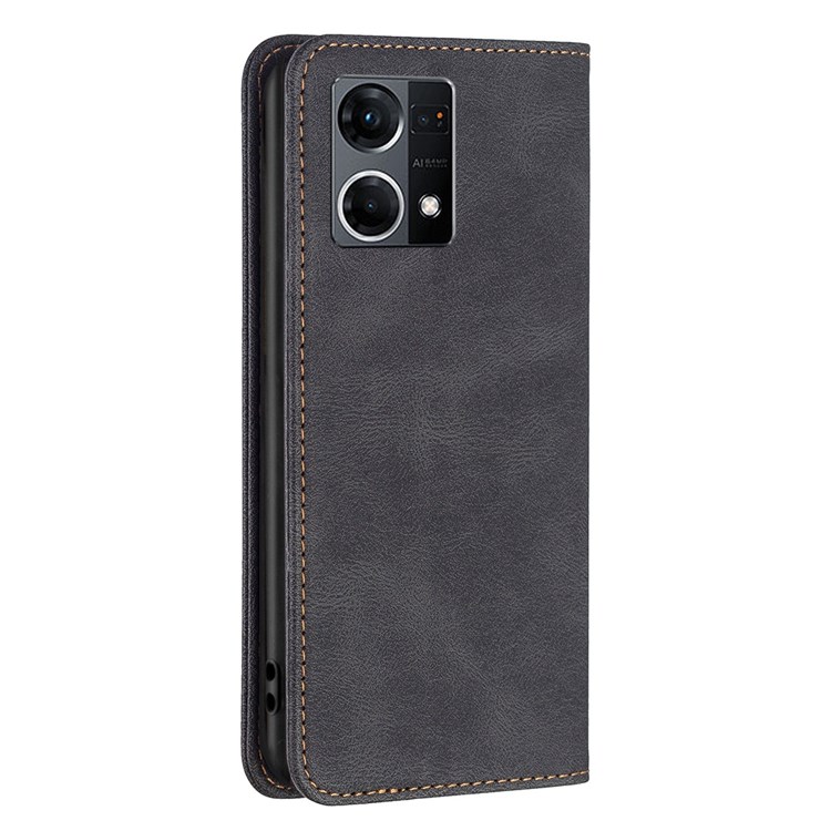 BINFEN COLOR BF Leather Case Series-5 for Oppo Reno7 4G 08 Style Magnetic Auto-absorbed Stand Wallet Leather Cover RFID Blocking Phone Case - Black-9