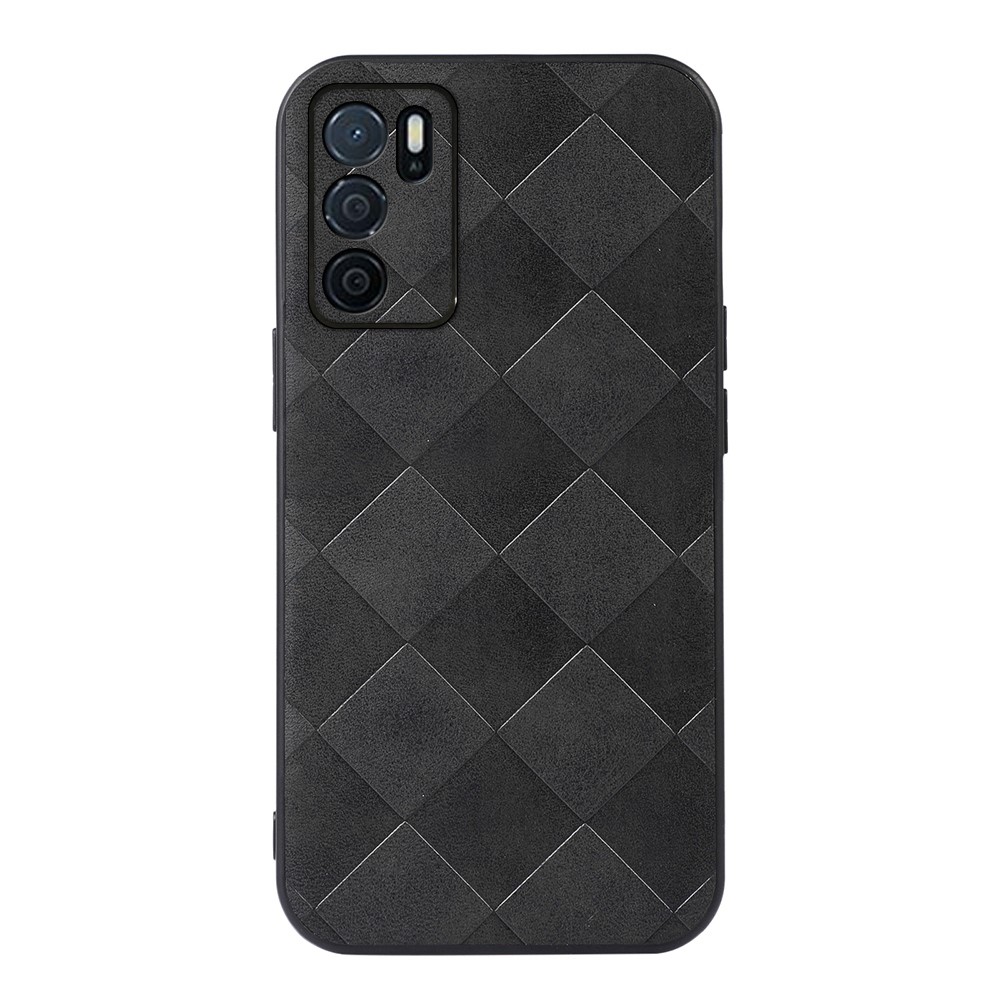 Grid Texture PU Leather Coated Hybrid Phone Case for Oppo A16, Slim and Lightweight Close-Fit Phone Back Cover - Black-1