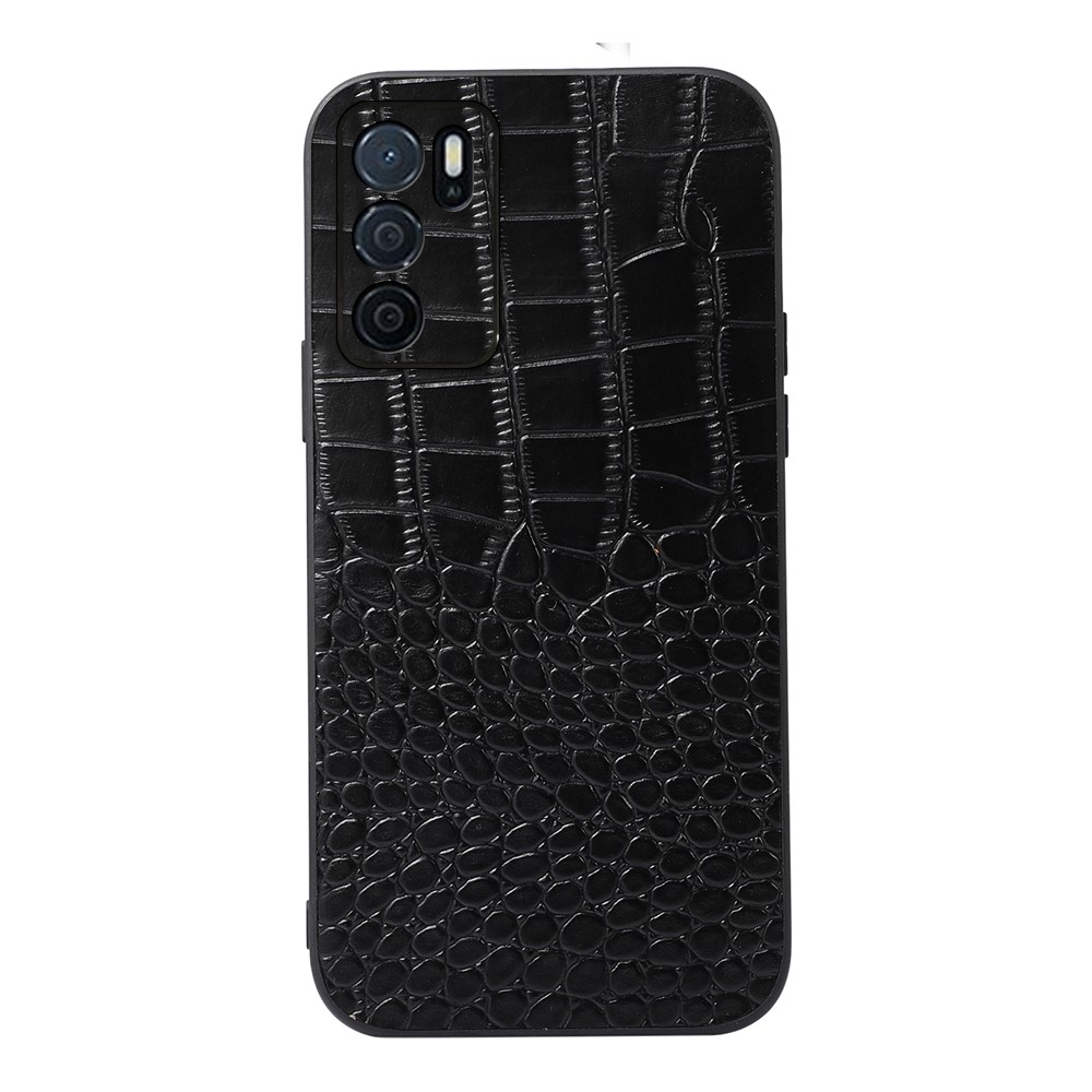 Crocodile Texture Phone Case for Oppo A16 Protective Case Genuine Cowhide Leather Phone Back Shell - Black-1