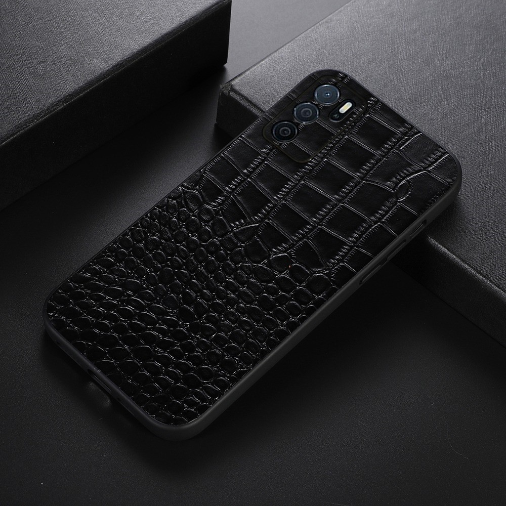 Crocodile Texture Phone Case for Oppo A16 Protective Case Genuine Cowhide Leather Phone Back Shell - Black-2